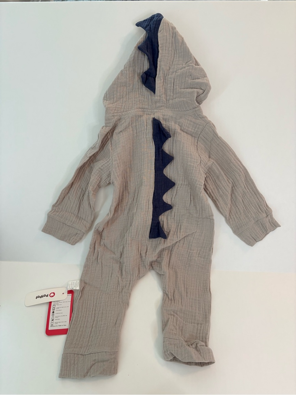 NWT PatPat Dinosaur Romper 3-6M Gray Hooded One Piece Blue Spikes Cotton Zipper